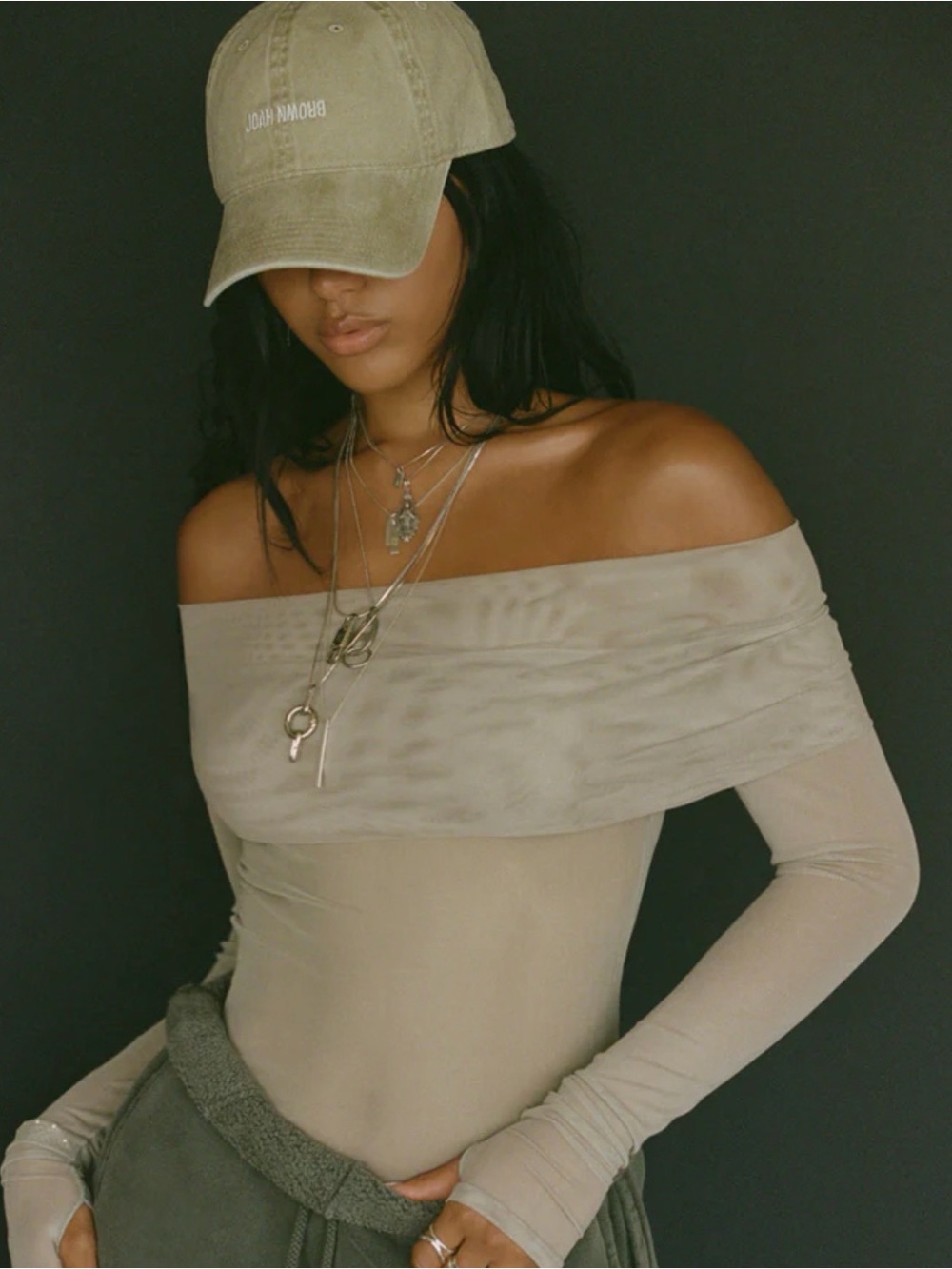 JOAH BROWN Off-Shoulder Long Sleeve Fitted Mesh Top NWT - Picture 4 of 4